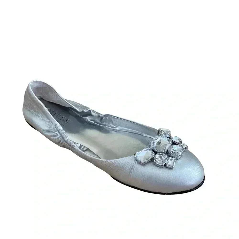 Guess by Marciano Silver Jeweled Ballet Flats Size 6.5 Bling Flashy Y2K